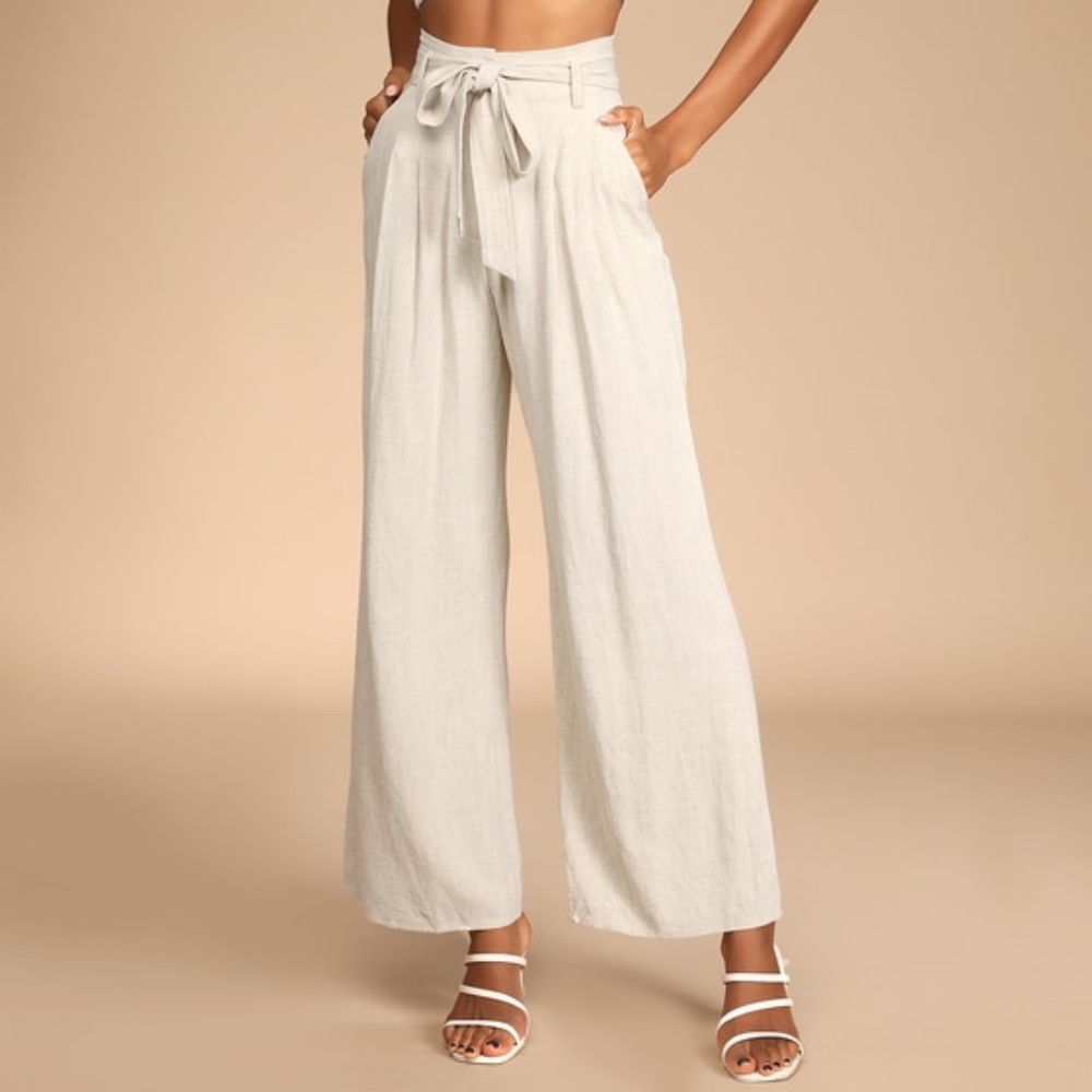 Lulus Trend Alert Beige Belted High-waisted Wide-leg Pants - Size L